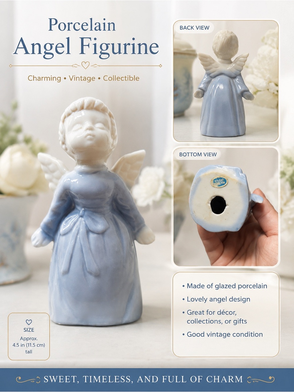 Vintage Porcelain Angel Figurine – Light Blue & White Ceramic Cherub